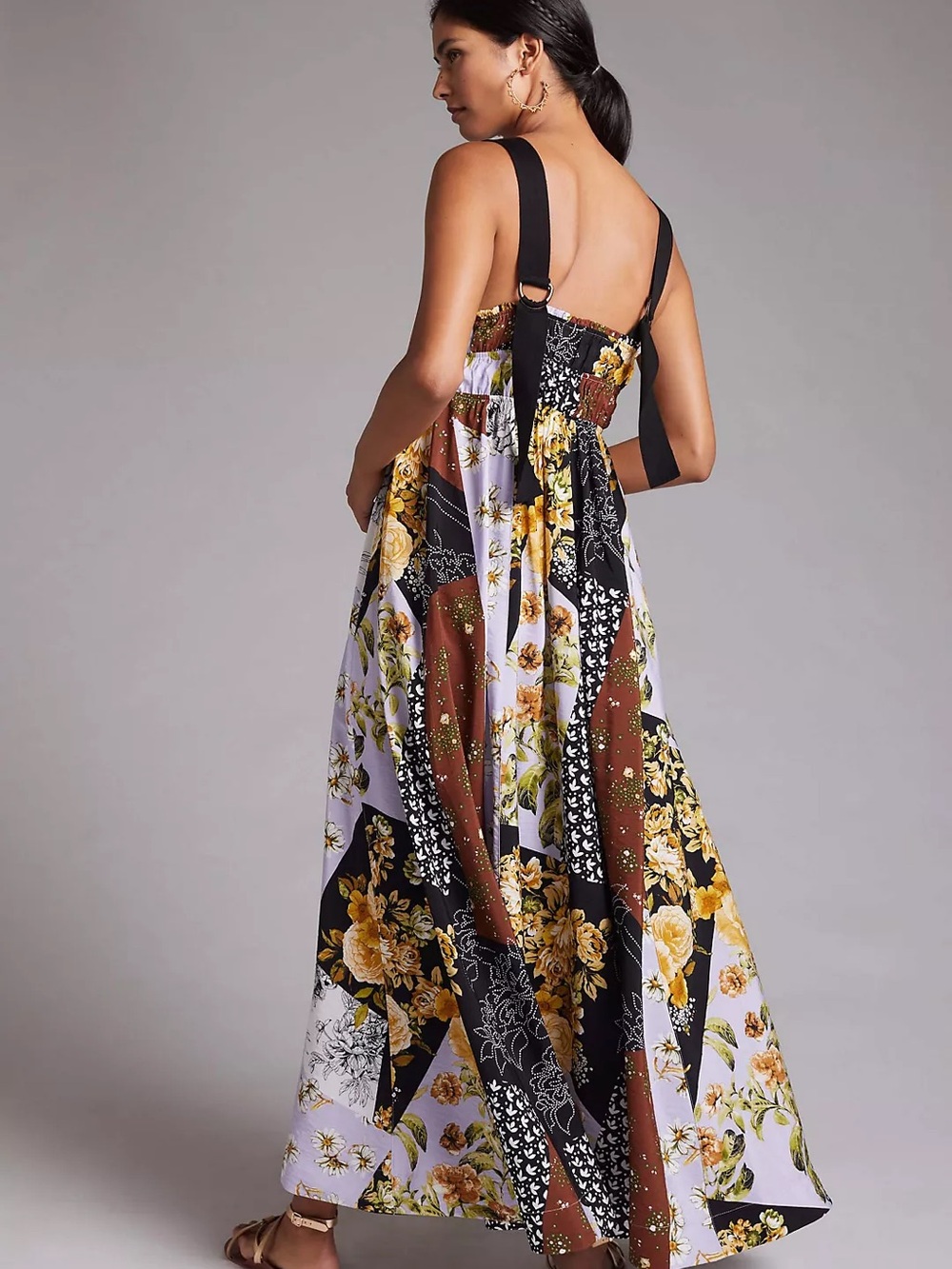 Maeve Floral Patchwork Maxi Dress in Yellow and Black - Picture 2 of 9